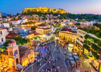 Athens, Greece -  Night image with Athens from above, Monastiraki Square and ancient Acropolis.