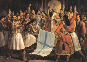 Germanos, Metropolitan of Patras, Blessing the flag of Revolution, Theodoros Vryzakis, 1865, 16,4x1,26m, oel on canvas.
National Art Gallery and Alexandros Soutzos Museum, Athense? ??e???d??? S??t???